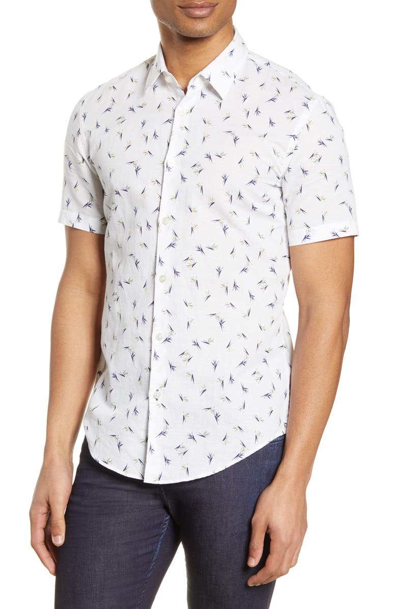 BOSS Ronn Slim Fit Print Short Sleeve Button-Up Linen & Cotton Shirt, Main, color, 