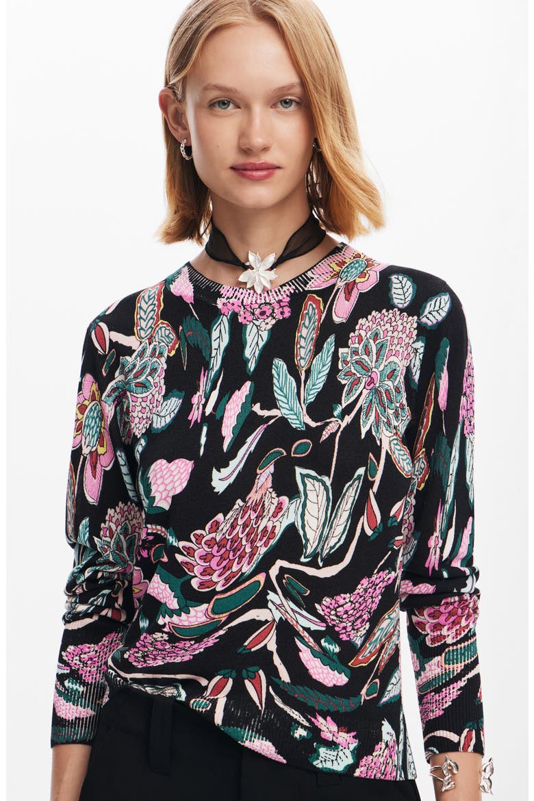 Manchester Floral Print Crewneck Sweater, Alternate, color, BLACK