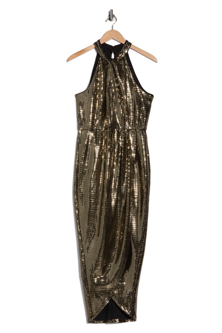 Knot Neck Tulip Hem Metallic Dress, Alternate, color, BLACK GOLD