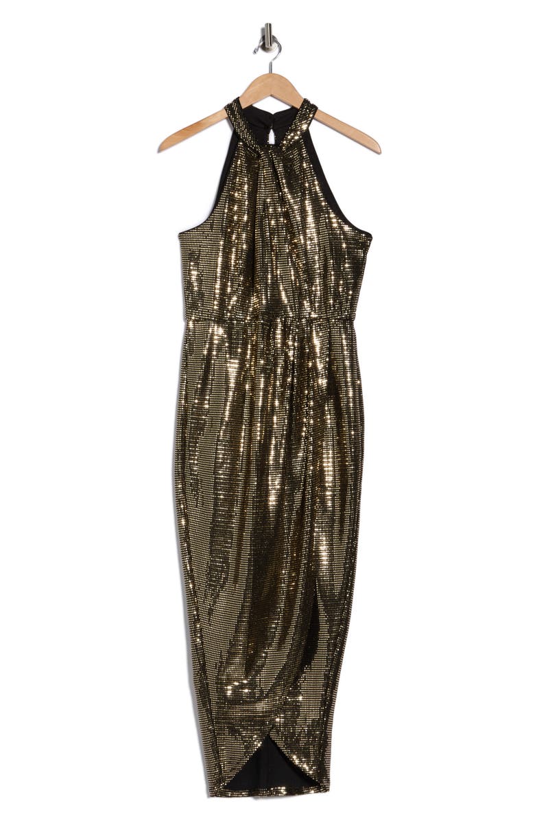 Julia Jordan Knot Neck Tulip Hem Metallic Dress, Alternate, color, Black Gold
