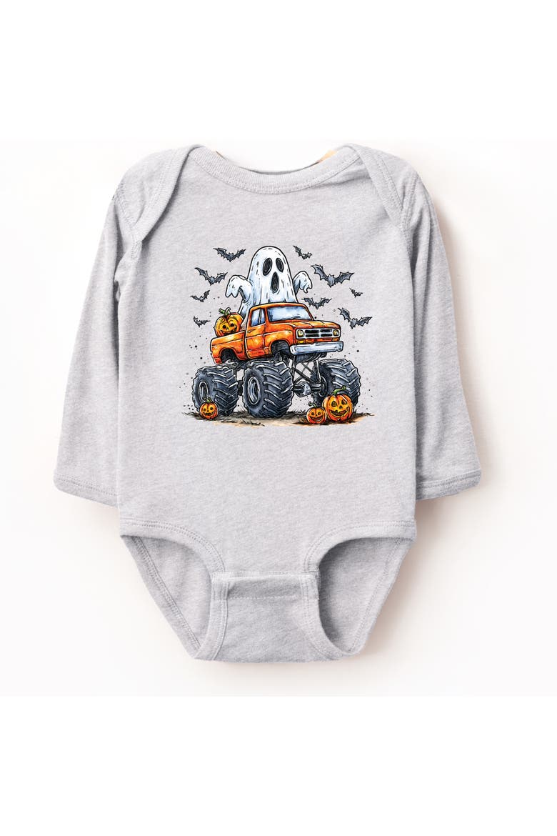 Monster Truck Ghost Infant Long Sleeve Bodysuit, Main, color, Heather Grey