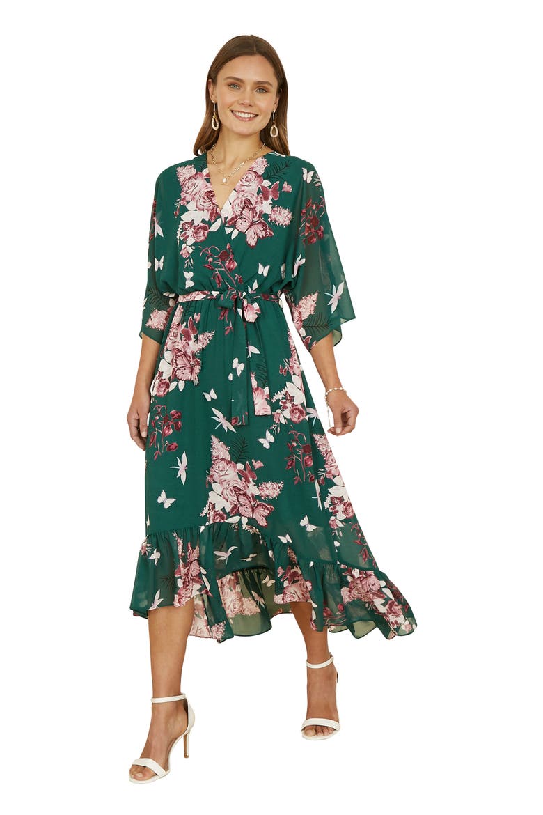 Floral Dipped Hem Dress, Main, color, Green