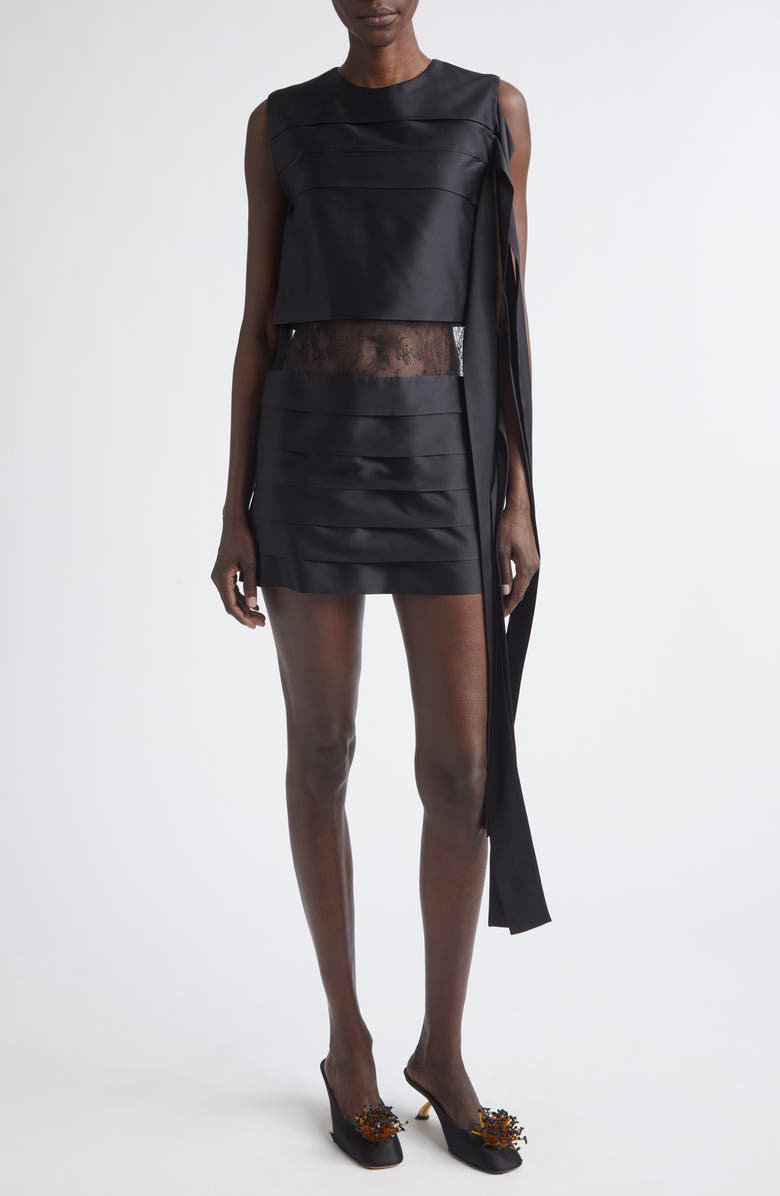 FERRAGAMO Lace Trim Silk Minidress, Main, color, Nero
