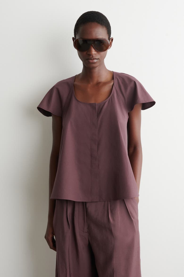 Fluted-sleeve Cotton Blouse, Main, color, DARK RED