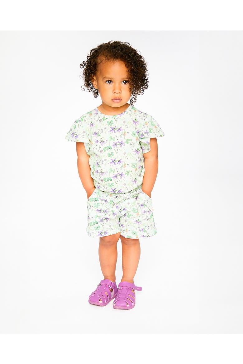 Jersey Flutter Sleeves Printed Flowers T-Shirt, Alternate, color, Green Floral Print