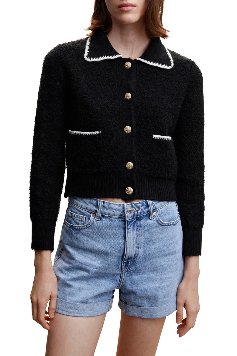 Contrast Trim Crop Cardigan, Main, color, BLACK