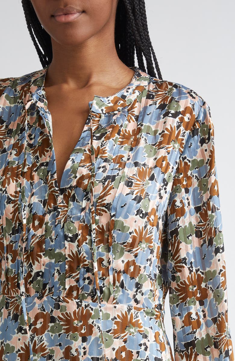 Veronica Beard Nyjah Floral Pintuck Long Sleeve Silk Minidress, Alternate, color, Lake Mist Multi
