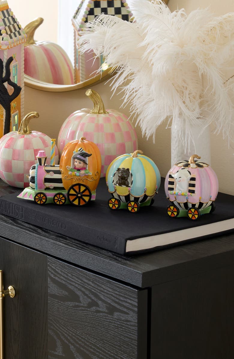 MACKENZIE CHILDS Trick or Treat Pumpkin Set of 3 Train Figurines, Alternate, color, Orange