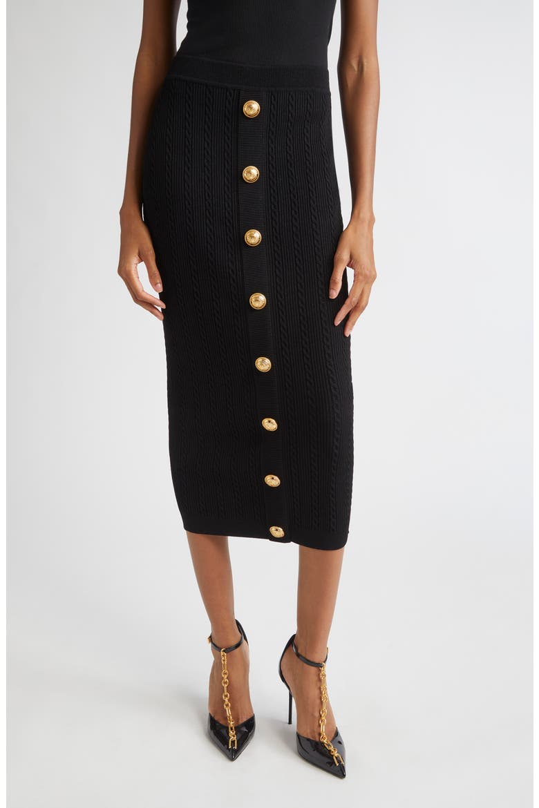 Torsade Button Detail Rib Cable Knit Midi Skirt, Main, color, 0PA BLACK