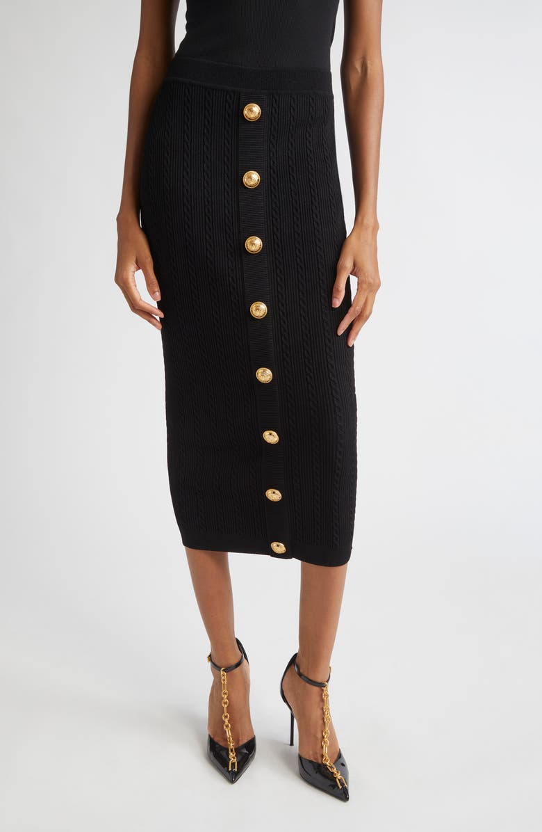 Balmain Torsade Button Detail Rib Cable Knit Midi Skirt, Main, color, 0Pa Black