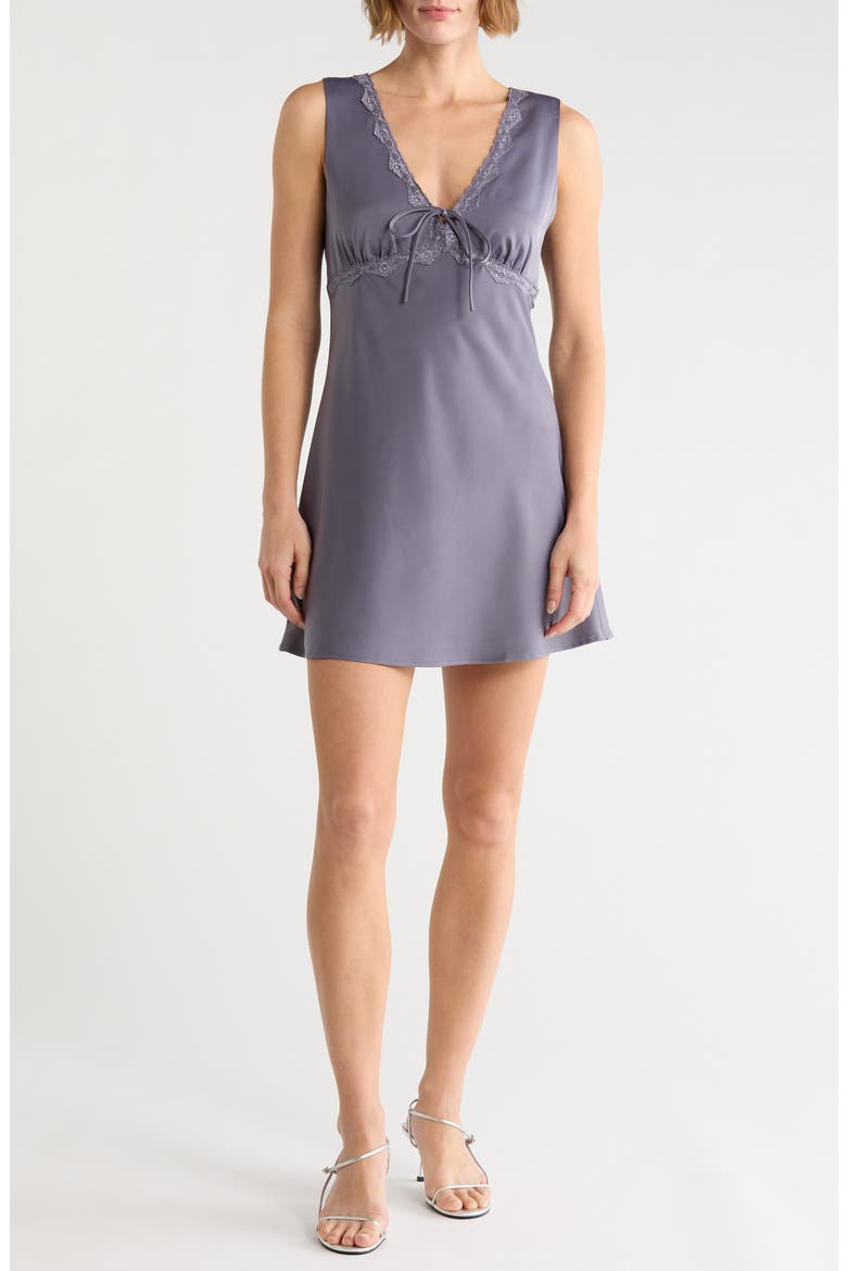 V-Neck Lace Trim Minidress, Main, color, STEEL BLUE