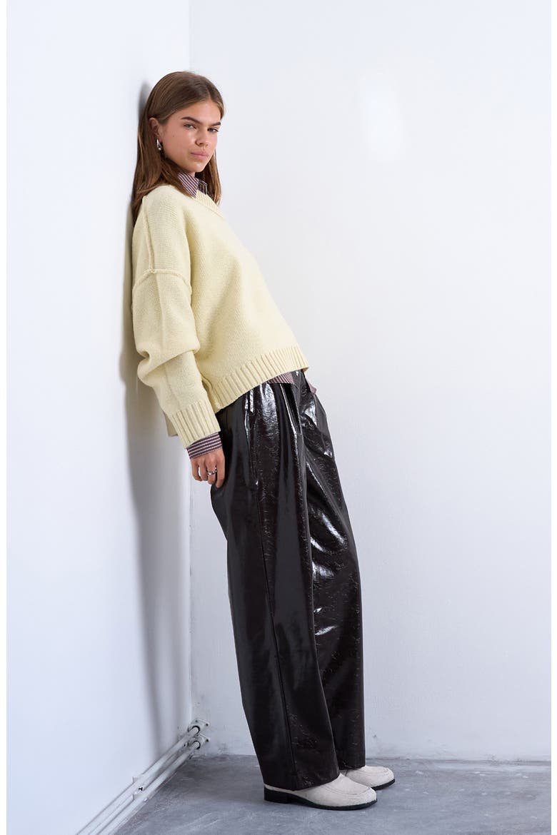 Pleat Front Straight Leg Faux Leather Pants, Alternate, color, BROWN