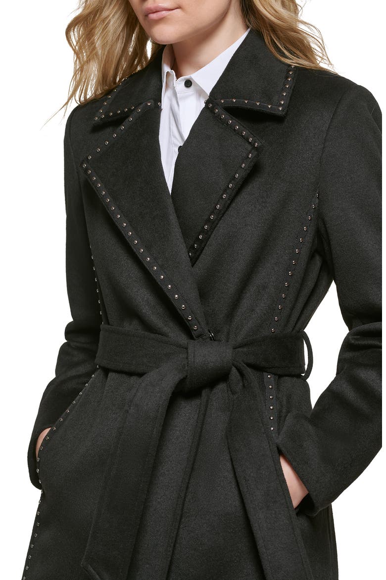 Stud Detail Wool Blend Wrap Coat, Alternate, color, BLACK
