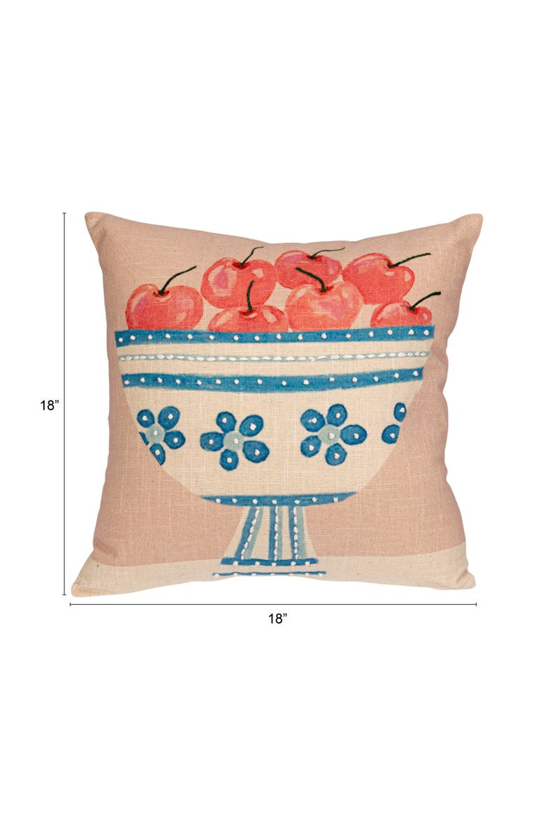 Cotton Printed Slub Pillow with Fruit Bowl, Embroidery and French Knots, Multicolor, Alternate, color, Pink