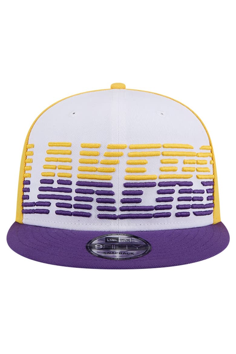 Men's New Era White/Purple Los Angeles Lakers Throwback Gradient Tech Font 9FIFTY Snapback Hat, Alternate, color, White