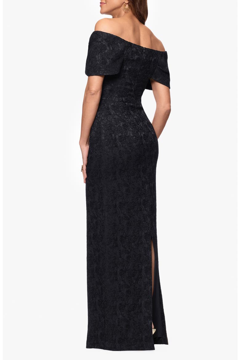 Floral Jacquard Off-the-Shoulder Sheath Gown, Alternate, color, BLACK