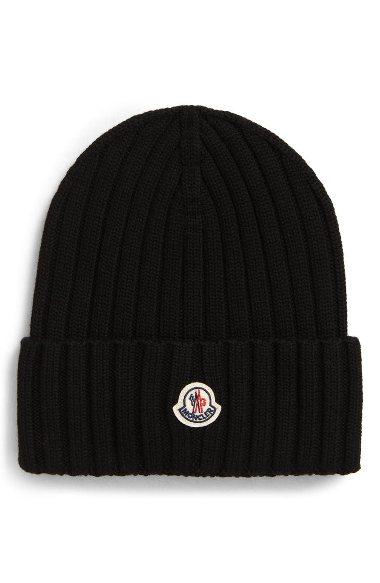 Moncler Logo Rib Virgin Wool Beanie, Main, color, 