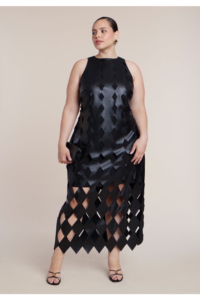 Diamond Cut Faux Leather Maxi Dress, Alternate, color, BLACK ONYX