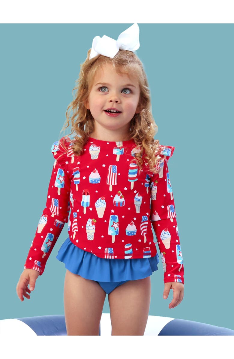RuffleButts Baby/Toddler Girls UPF50+ Sun Protected Skirted Flutter Long Sleeve Rash Guard Bikini, Alternate, color, Stars & Scoops