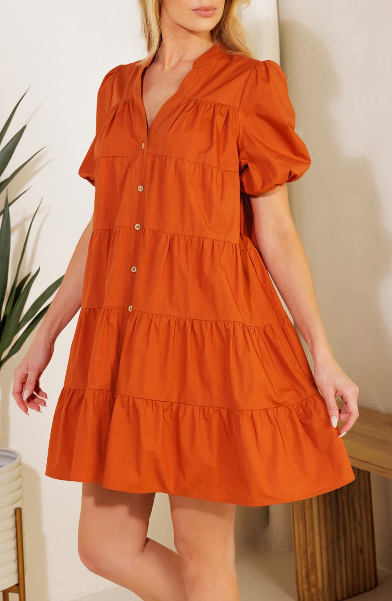 FLYING TOMATO Puff Sleeve Tiered Minidress, Alternate, color, Rust