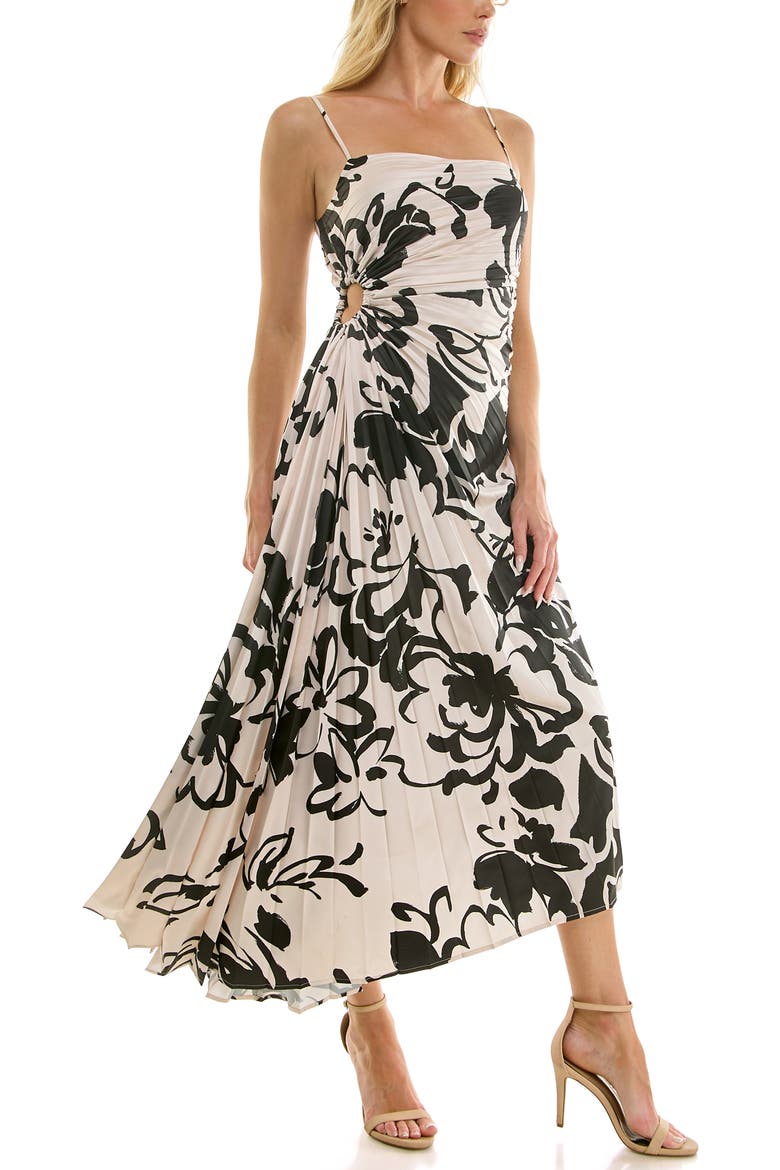 Floral Pleated Satin Dress, Alternate, color, CREAM/ BLACK