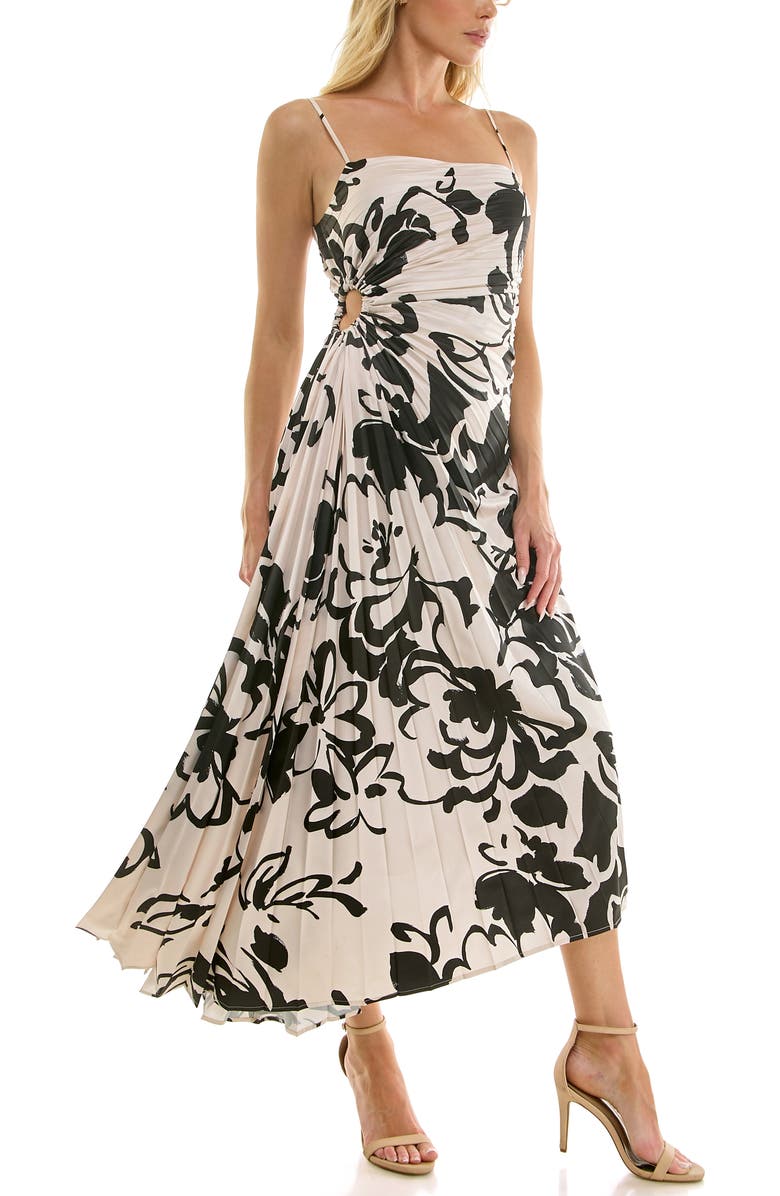 Socialite Floral Pleated Satin Dress, Alternate, color, Cream/ Black