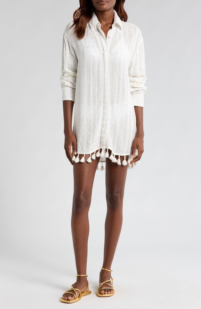 Ramy Brook Roman Metallic Tassel Trim Long Sleeve Semisheer Cover-Up Tunic, Main, color, 