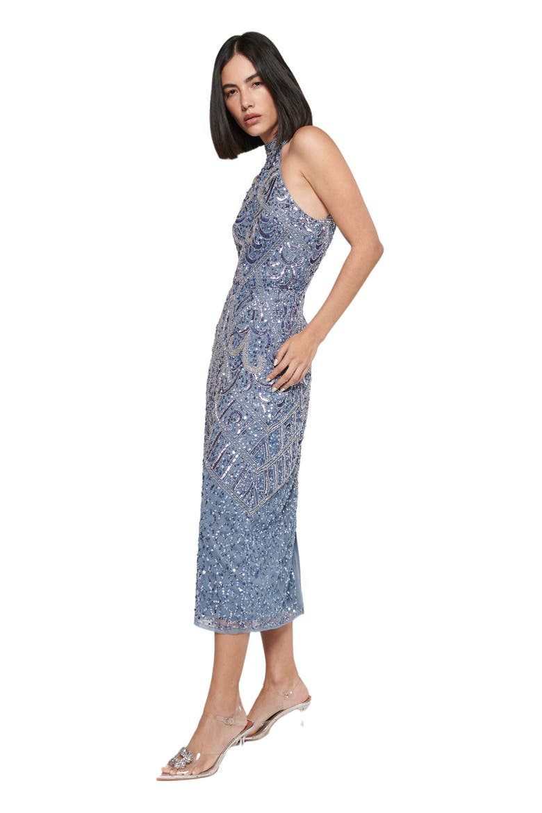 Occasion Embellished Sequin Beaded Halter Neck Evening Midi Dress, Alternate, color, POWDER BLUE