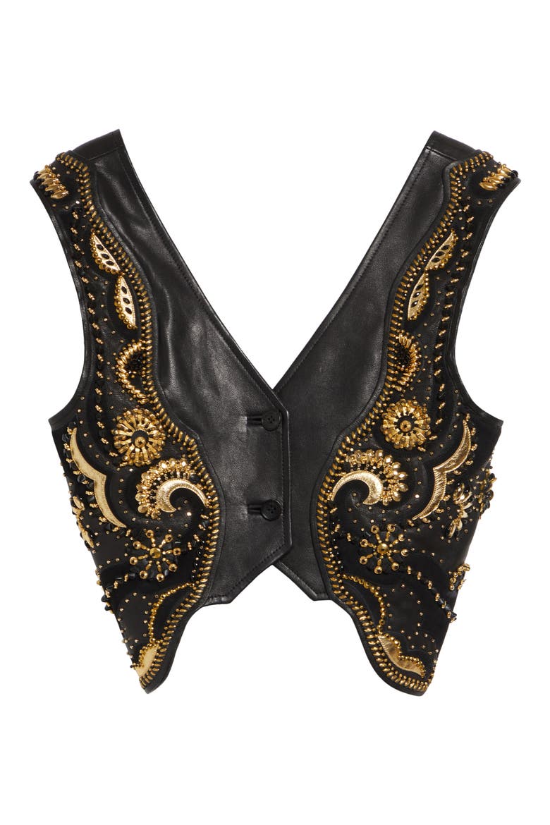 Crop Beaded Leather Vest, Alternate, color, BLACK