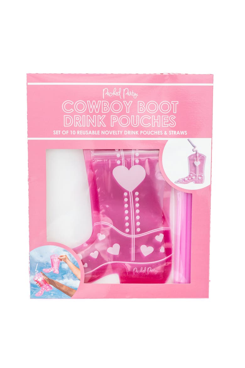 Valentine Cowboy Boot Drink Pouches Set of 10 - Heart-Studded Boot-Shaped Reusable Drink Bags with Bendy Straws, 8 oz BPA-Free, 8x7 Inch, Alternate, color, Multicolor
