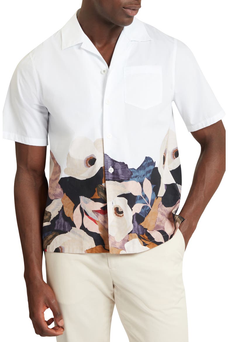 Moussa Floral Cotton Camp Shirt, Main, color, WHITE