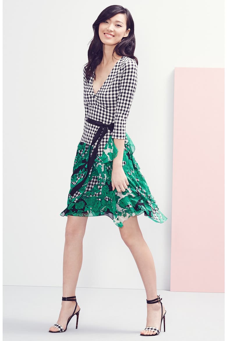 'Riviera' Gingham Print Silk Wrap Dress, Alternate, color, GREEN MULTI
