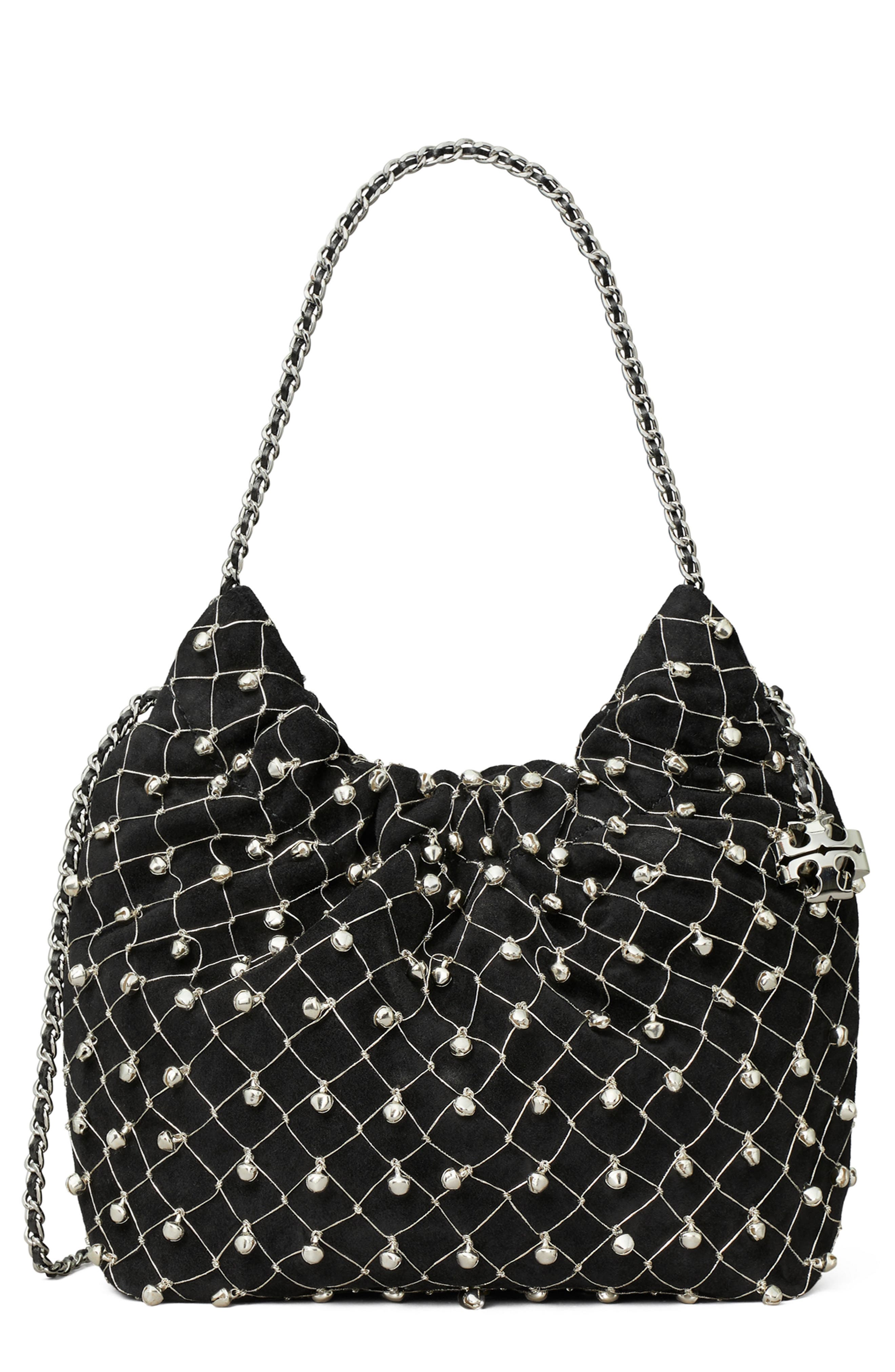 Tory Burch Mini Fleming Bell Hobo Bag, Main, color, Black