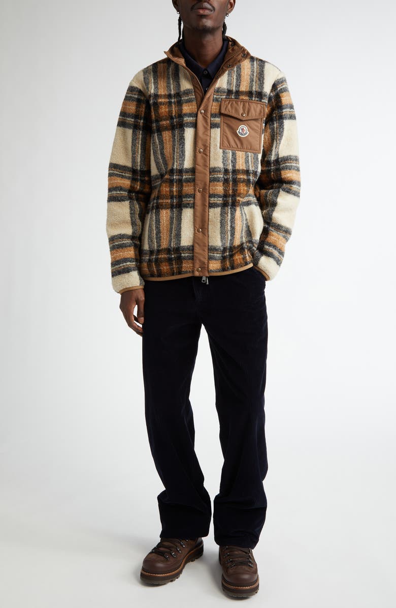 Moncler Plaid High Pile Fleece Snap-Up Jacket, Alternate, color, 