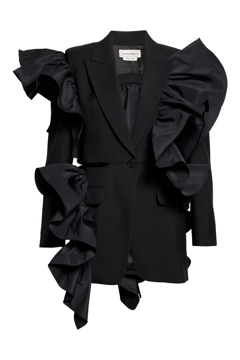 Alexander McQueen Open Back Ruffle Blazer, Alternate, color, BLACK