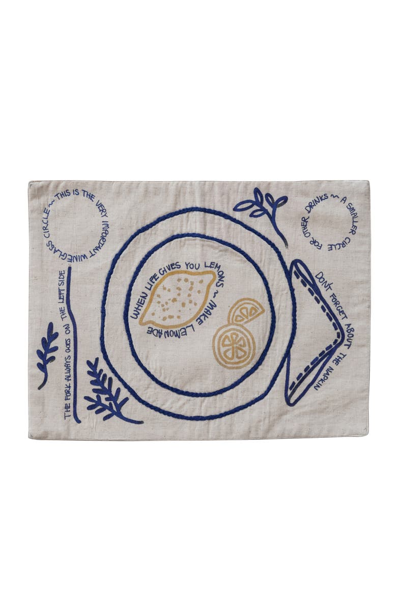 Woven Cotton and Linen Embroidered Placemat with Fruit, Leaves and Saying, Natural and Blue, Main, color, Blue
