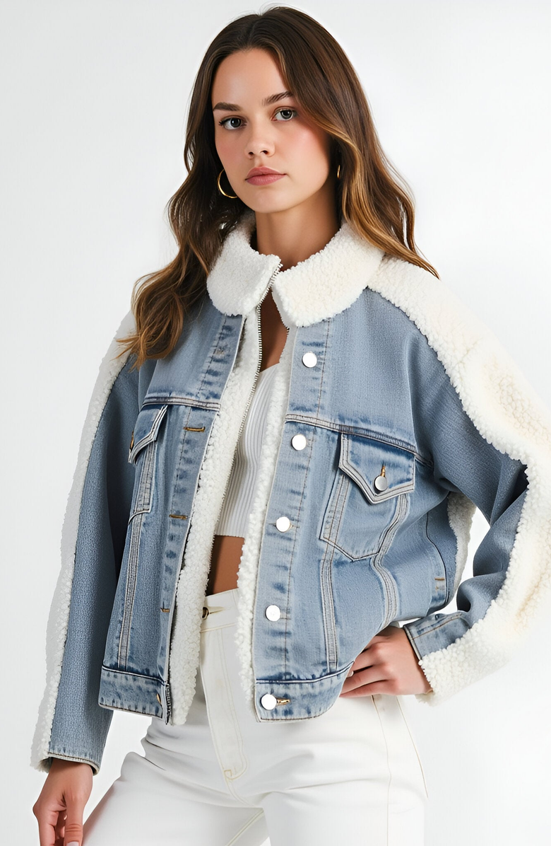 Modenaire Denim Jacket with Faux Shearling Collar and Contrast Trim, Alternate, color, 