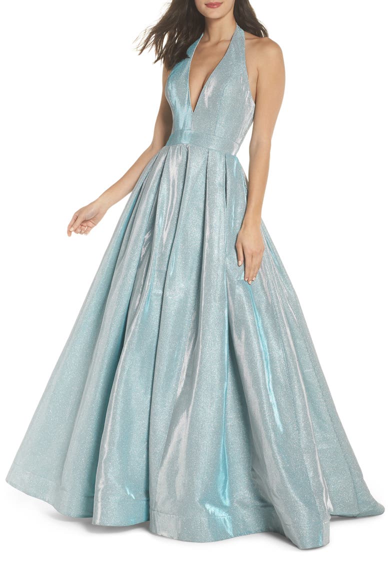 Mac Duggal Shimmering Halter Neck Ballgown, Main, color, SHIMMERING ICE