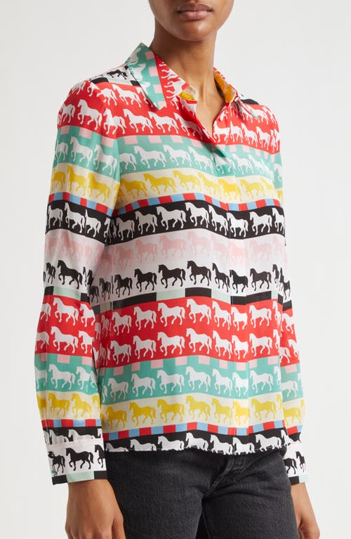 Shop Alice And Olivia Alice + Olivia Willa Horse Print Long Sleeve Silk Button-up Shirt