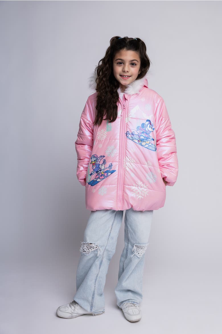 Minnie Mouse Faux Fur Hooded Puffer Coat, Alternate, color, Pink Minnie Daisy