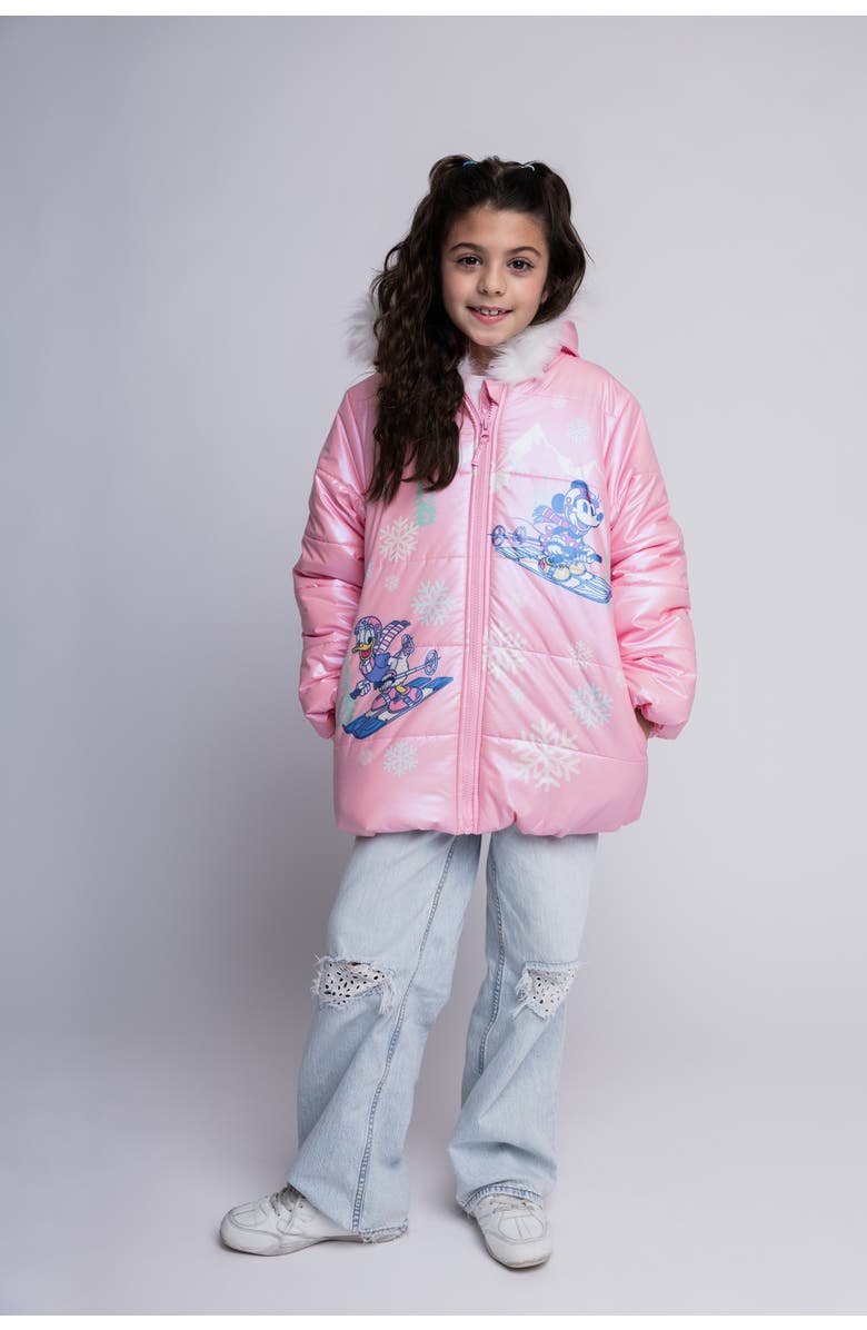 Disney Minnie Mouse Faux Fur Hooded Puffer Coat, Alternate, color, Pink Minnie Daisy