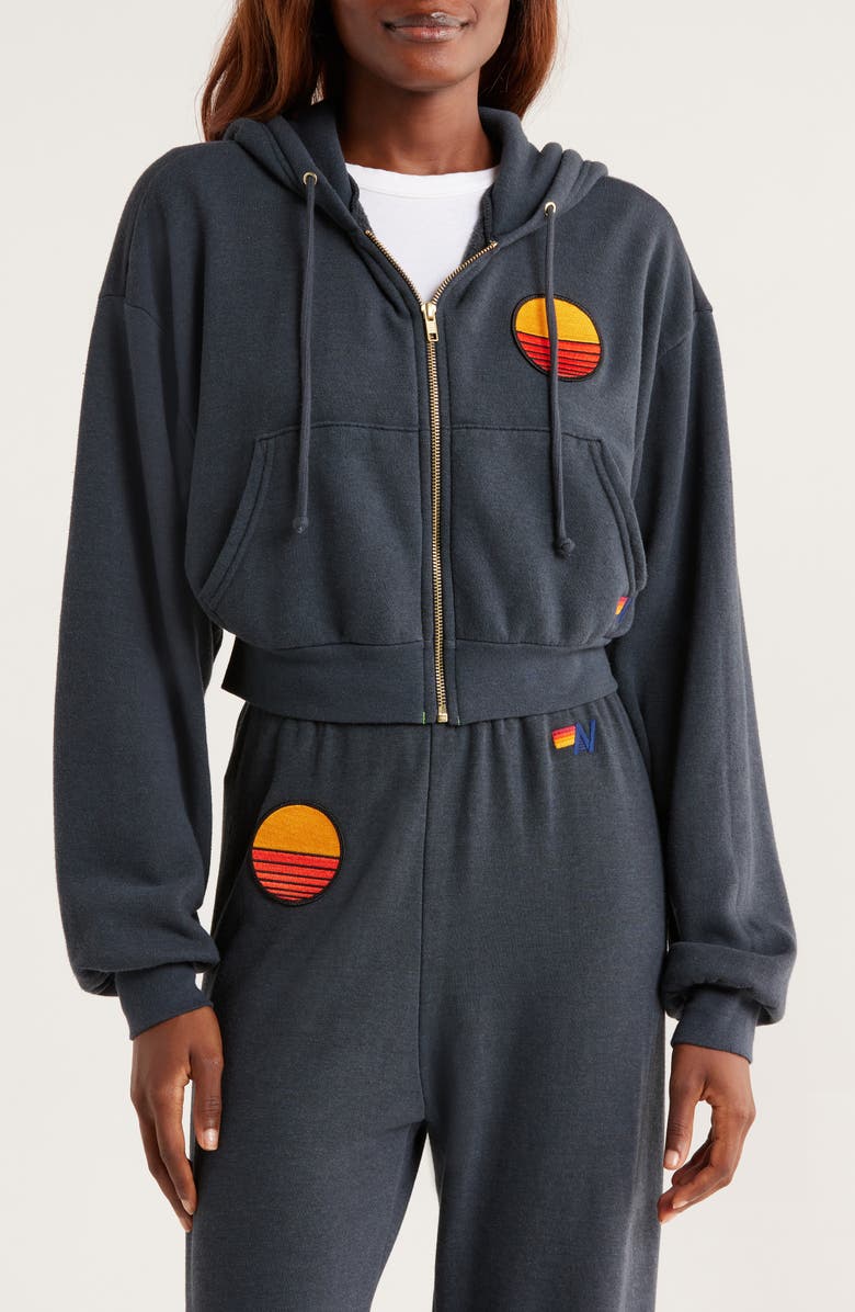 Aviator Nation Sunset Patch Crop Zip Hoodie, Main, color, Charcoal