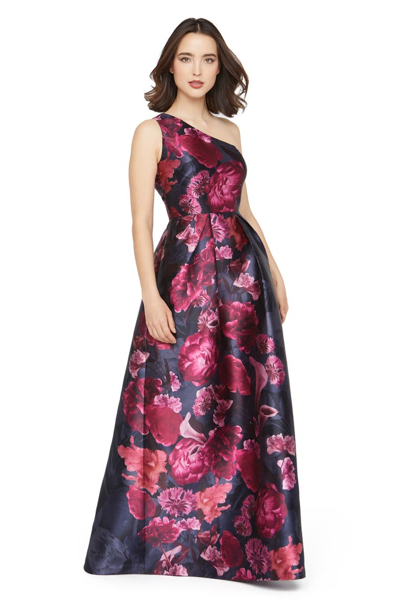 Kay Unger Dianna One-Shoulder Evening Gown, Alternate, color, Dark Twilight Multi