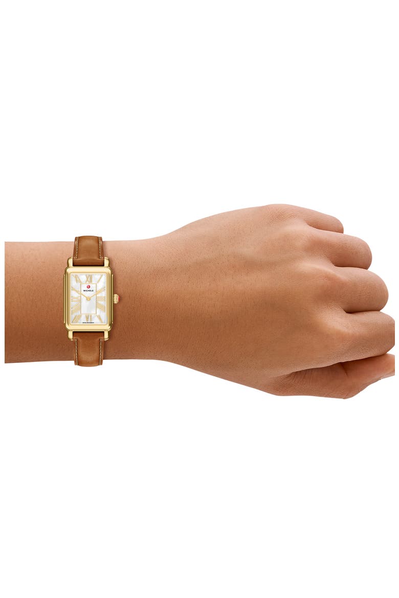 Deco Park Mother-of-Pearl Leather Strap Watch, 23mm x 29mm, Alternate, color, BROWN / GOLD