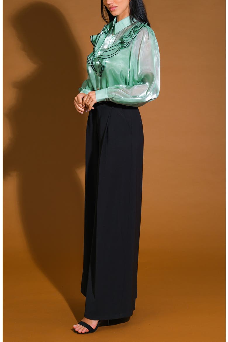Ruffle Button-Up Shirt, Alternate, color, SAGE