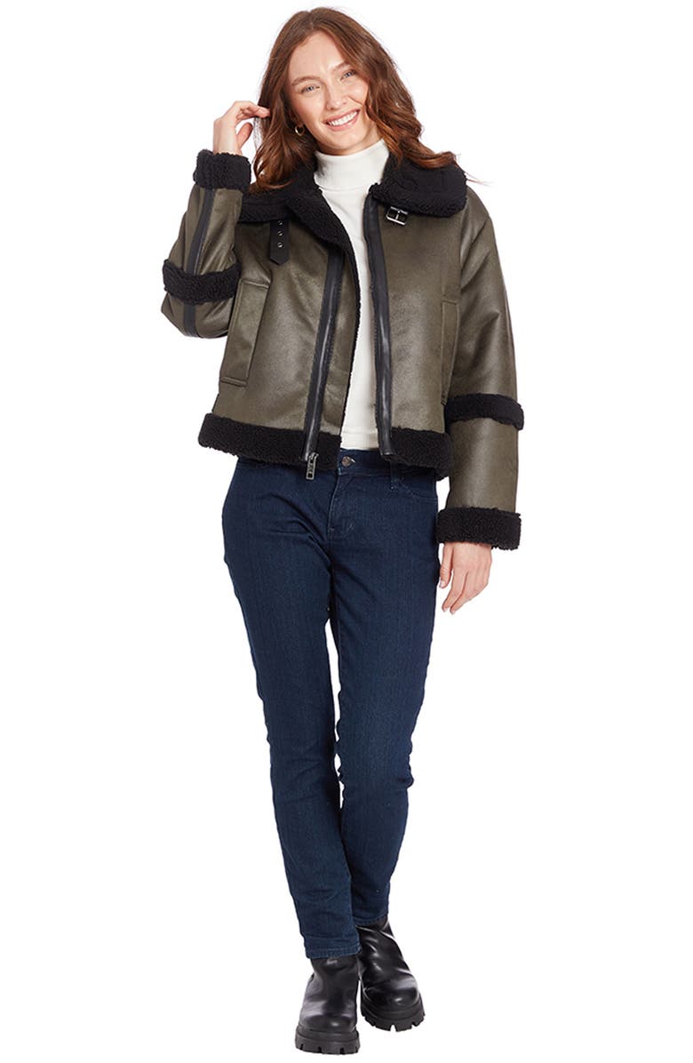 Frye Water Resistant Faux Leather & Faux Shearling Jacket, Alternate, color, Olive Green