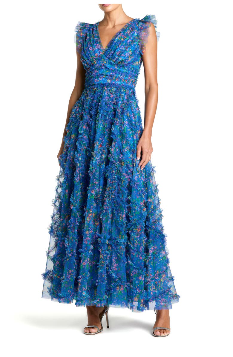 Mac Duggal Floral V-Neck Ruffle Tiered Maxi Dress with Flutter Sleeves, Main, color, Blue Multi