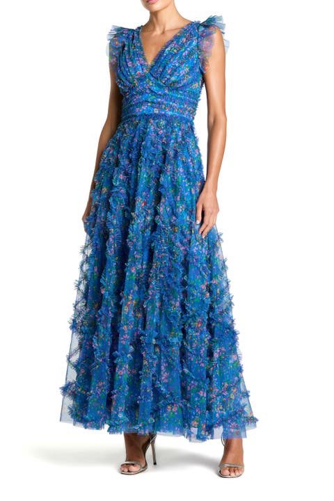 Floral V-Neck Ruffle Tiered Maxi Dress with Flutter Sleeves