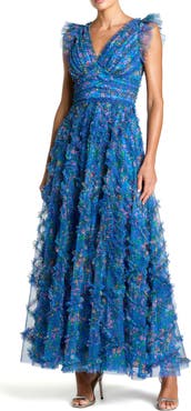 Mac Duggal Floral V-Neck Ruffle Tiered Maxi Dress with Flutter Sleeves