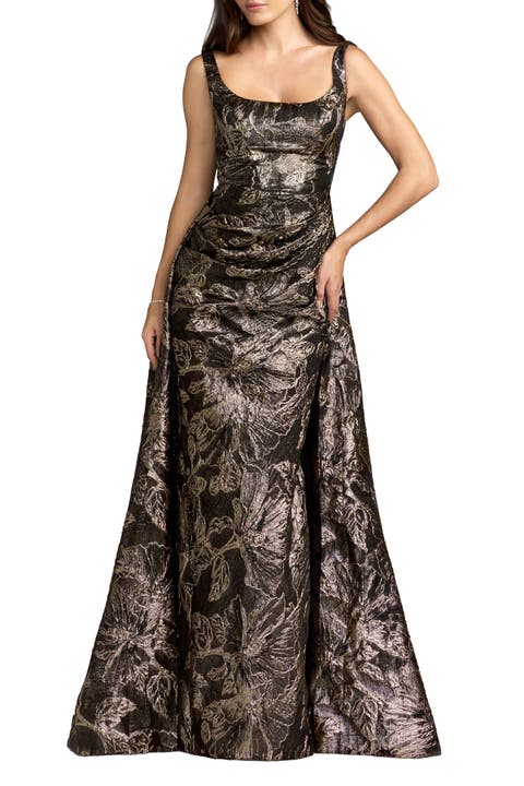 Brocade Sleeveless Square Neck Gown With Overskirt